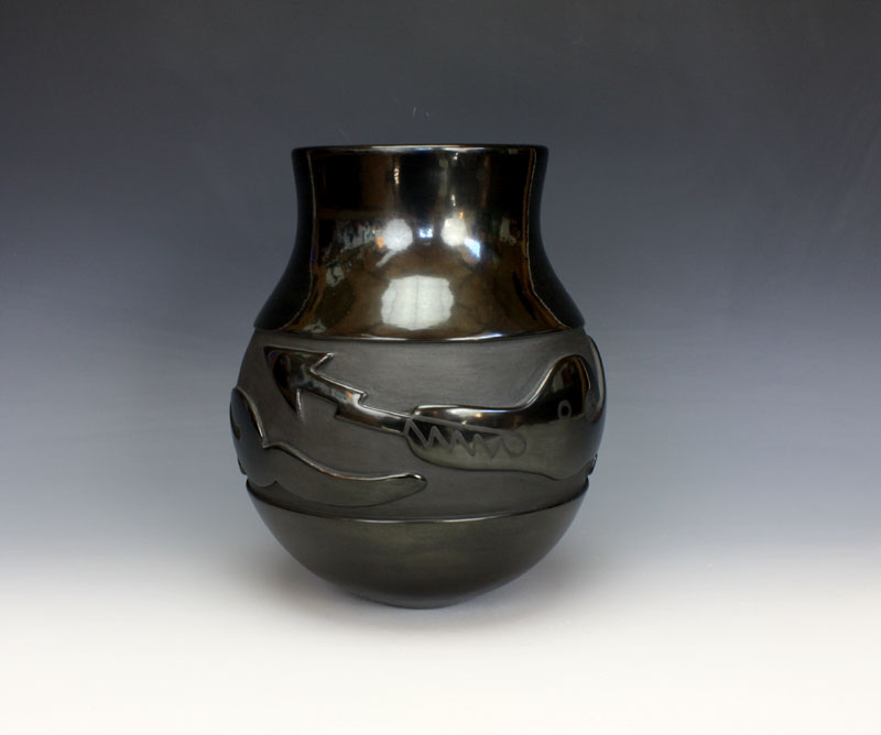 Santa Clara Pueblo Indian Pottery Carved Black Avanyu Jar