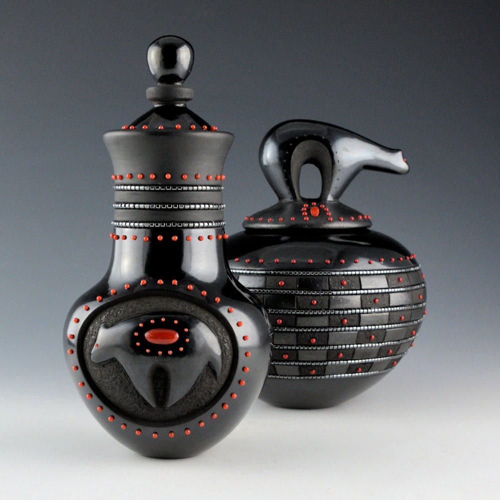 Black Lidded Jars with Stone Insets