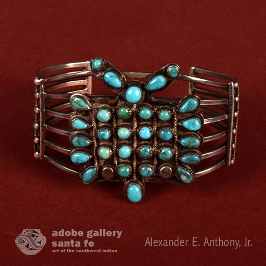 Diné Silver and Turquoise Bracelet with Butterfly Image