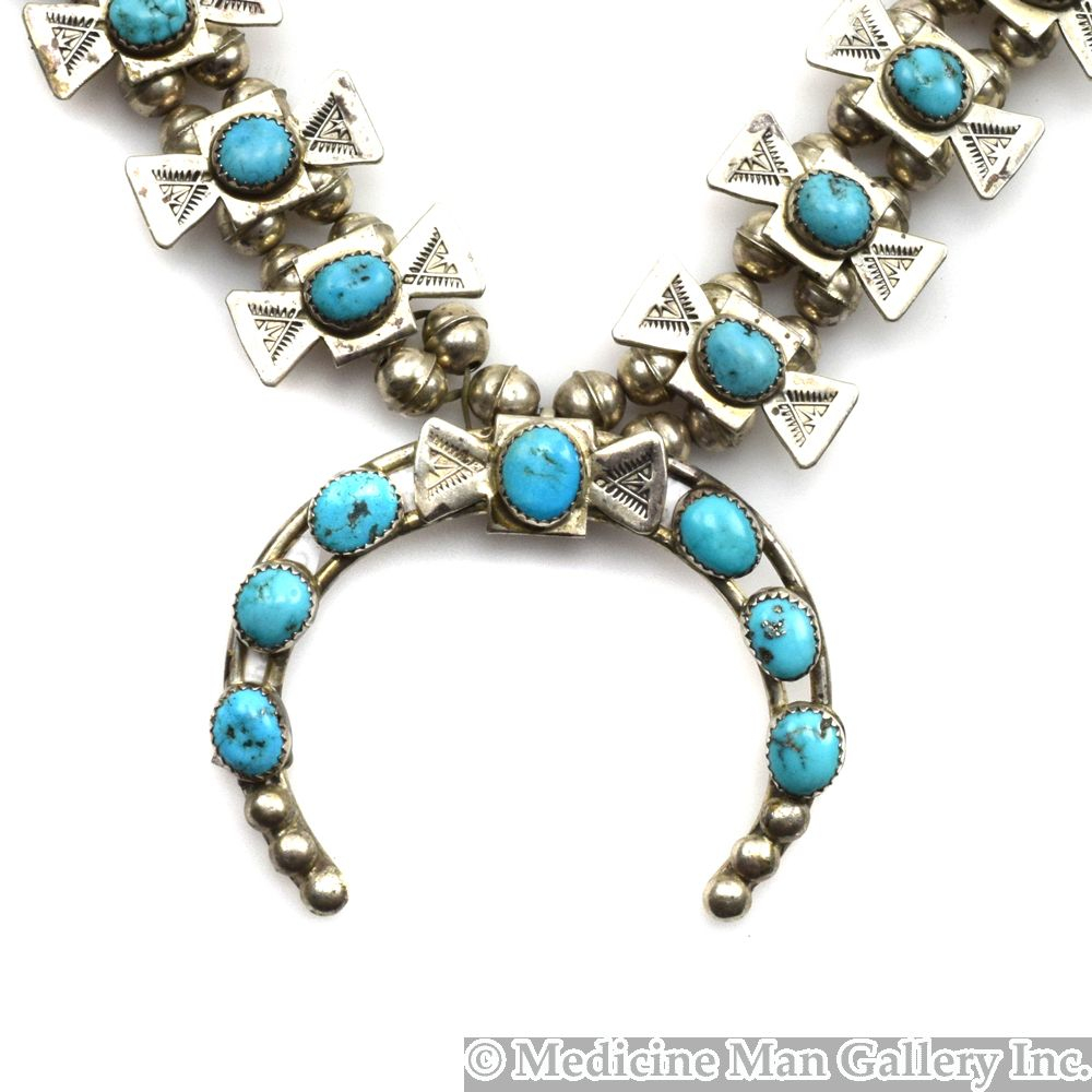Turquoise and Stamped Silver Squash Blossom Necklace c. 1940s, 28" Long