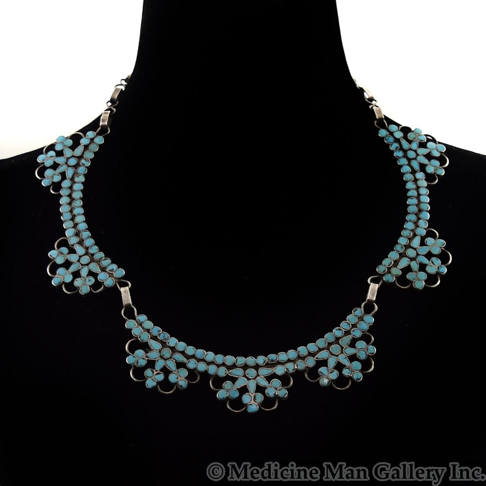 Zuni Turquoise Inlay and Silver Necklace c. 1940s, 20.5" Long
