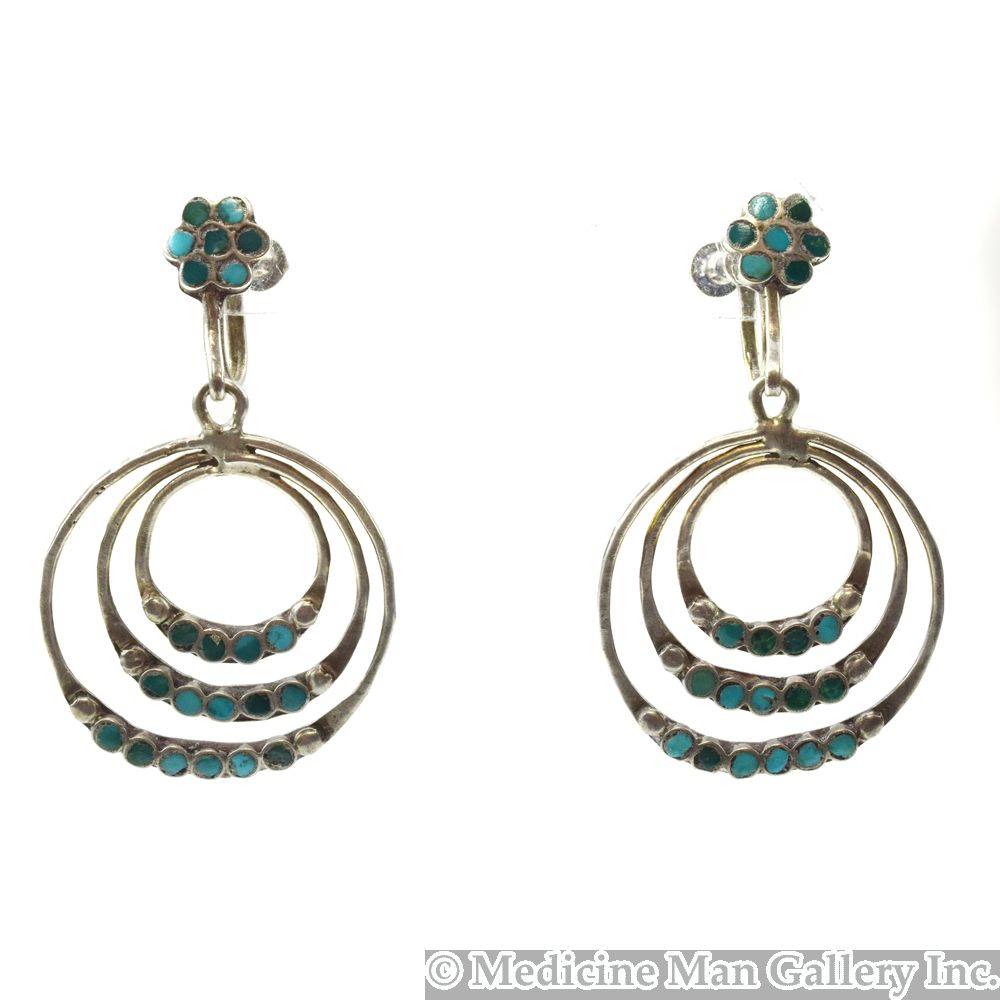 Zuni Turquoise Inlay and Silver Screwback Earrings c. 1950s, 1.75" x 1"