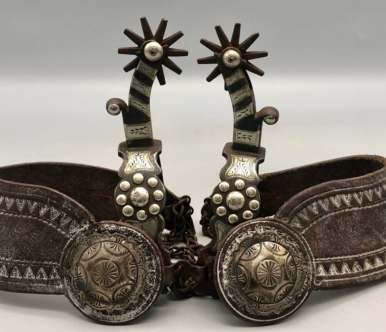 Vintage Target Pattern Spurs With Silver Inlay And Nice Spur Straps - $1,250