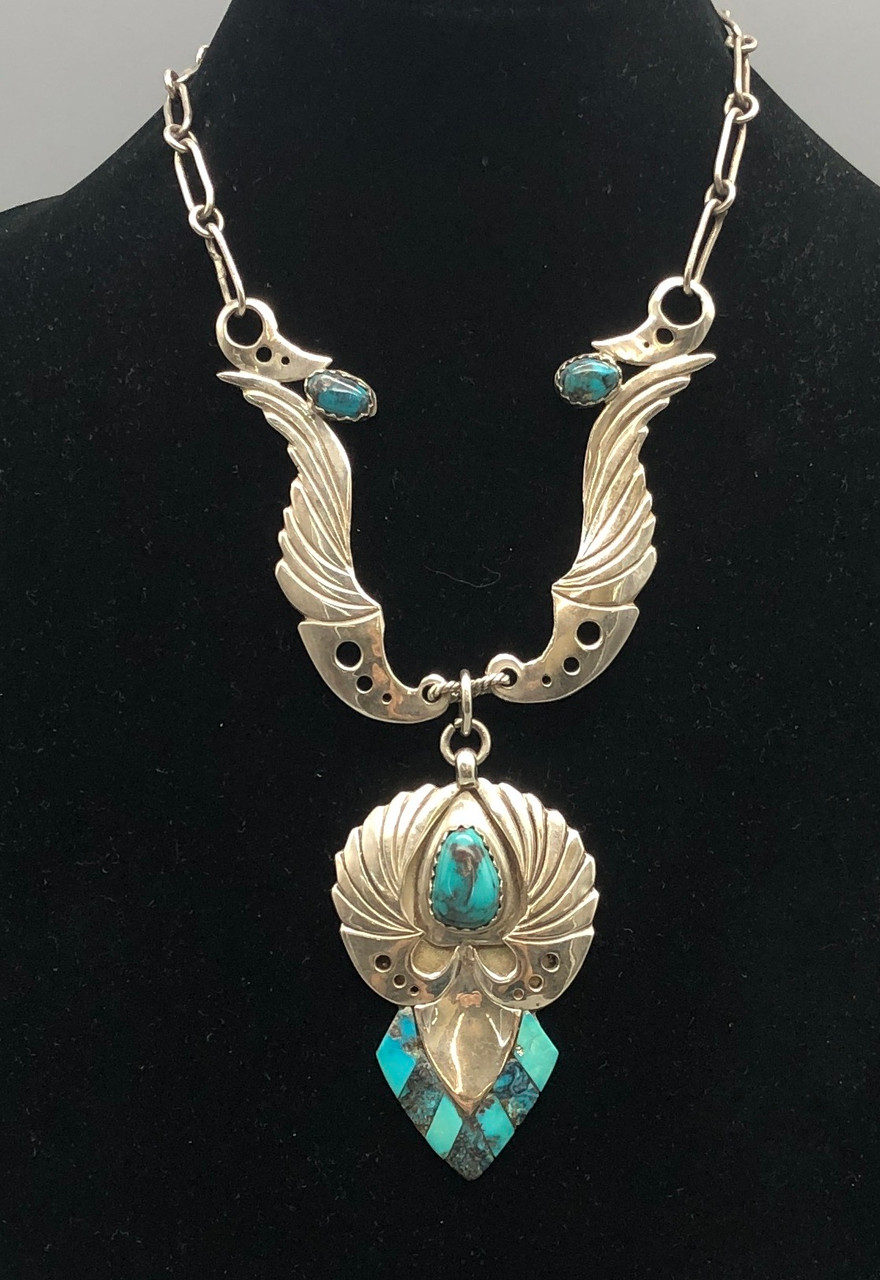 Bisbee Turquoise and Sterling Silver Necklace and Ring Set by Carlos White Eagle - $3,000