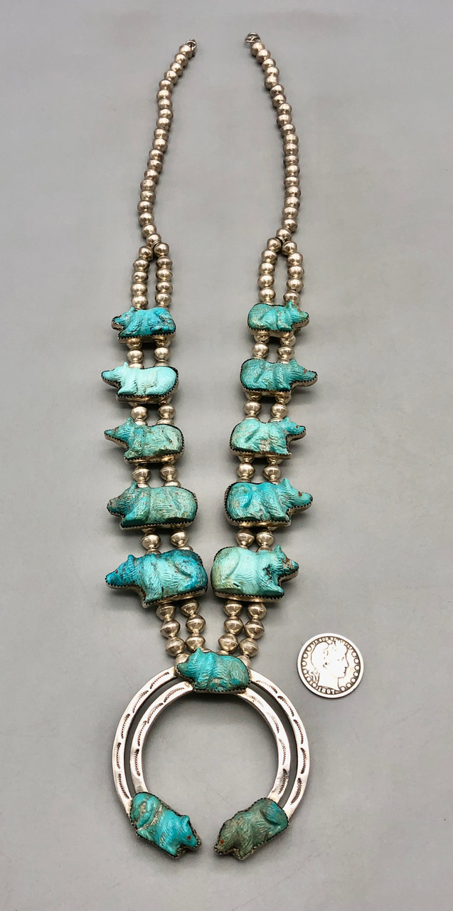 Carved Turquoise Bear Theme Squash Blossom Necklace - $2,500