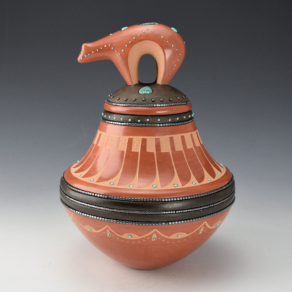Red Jar with Inset Stones, Feathers & Bear Lid