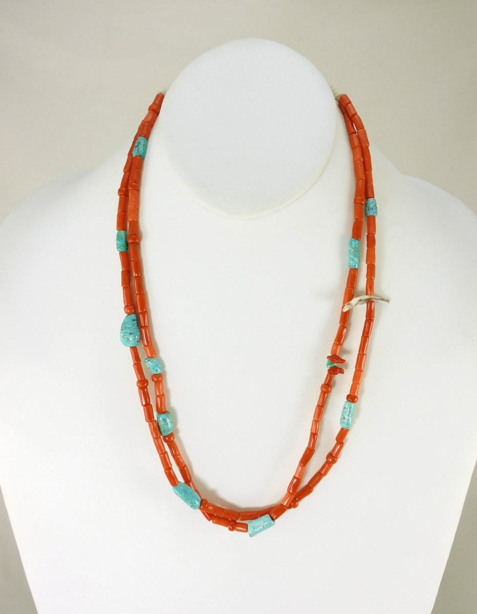 Fossil Turquoise and Coral Necklace Three Leekya Birds
