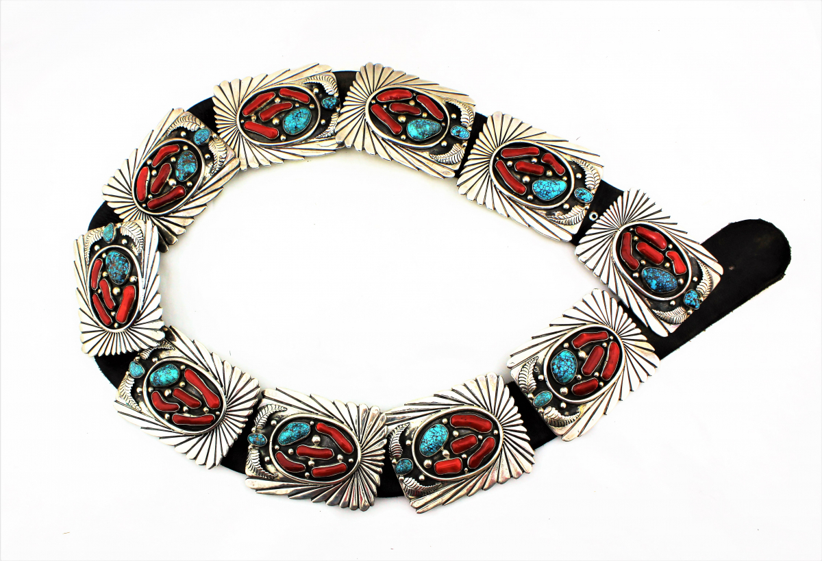 1970s Sterling Silver, Coral and Turquoise Concho Belt