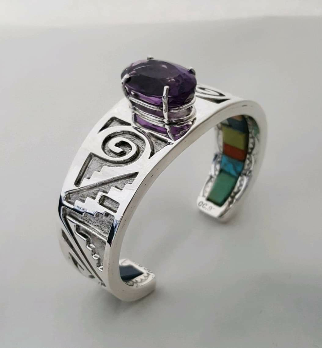 Unique Ancient & Contemporary Bracelet with Amethyst Gemstone, Overlay, Stampwork and Underneath Inlay