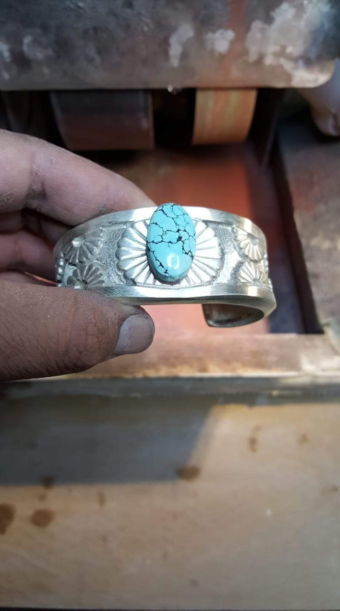 Turquoise Center Stone Overlay Bracelet with Underneath Inlay
