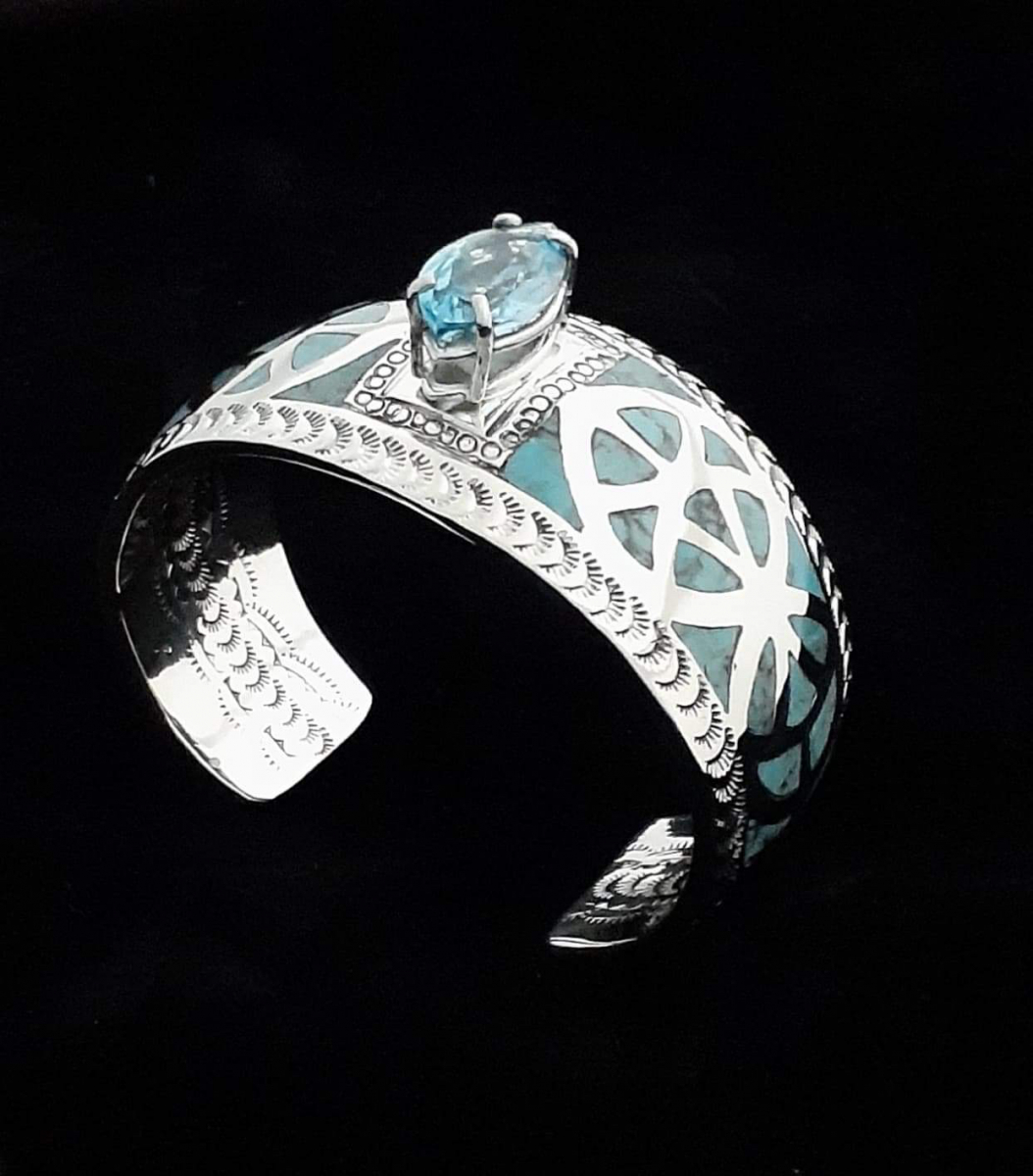 Blue Topaz Center Stone and Turquoise Inlay with Stampwork Inside and Out