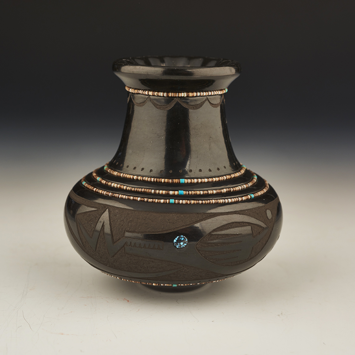 Black Jar with Heishi and Turquoise (#6301)
