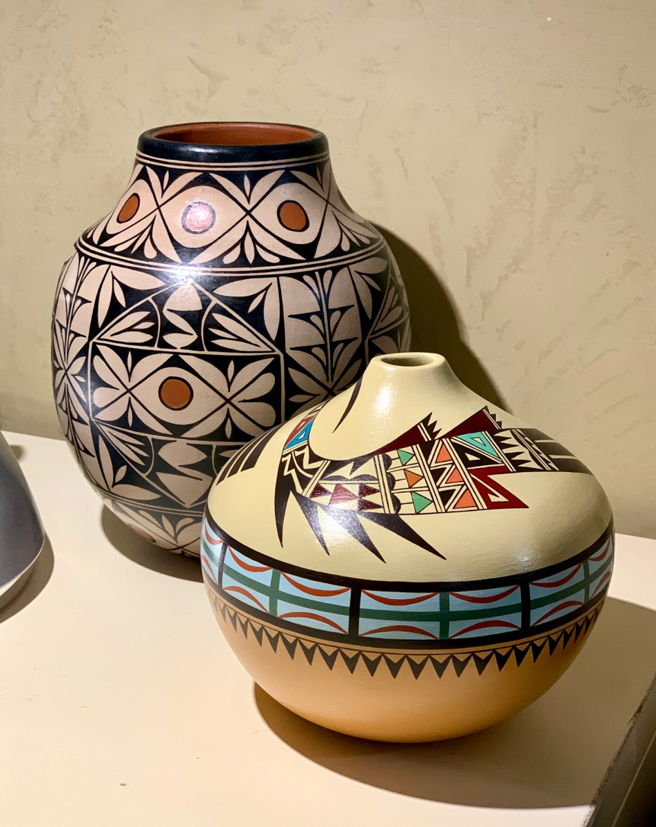Black and White Vase by Lisa  Holt & Harlan Reano.  Contemporary Hopi Bird Jar by Les Namingha.