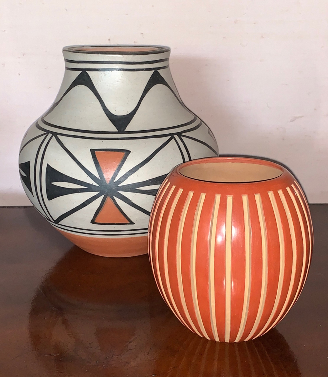 Santo Domingo Vase by Ambrose Atencio. Red Rib Jar by Anna Archuleta.