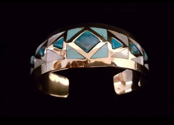 Turquoise and Mother of Pearl Inlay Bracelet in Sterling Silver or Red Brass/Goldtone