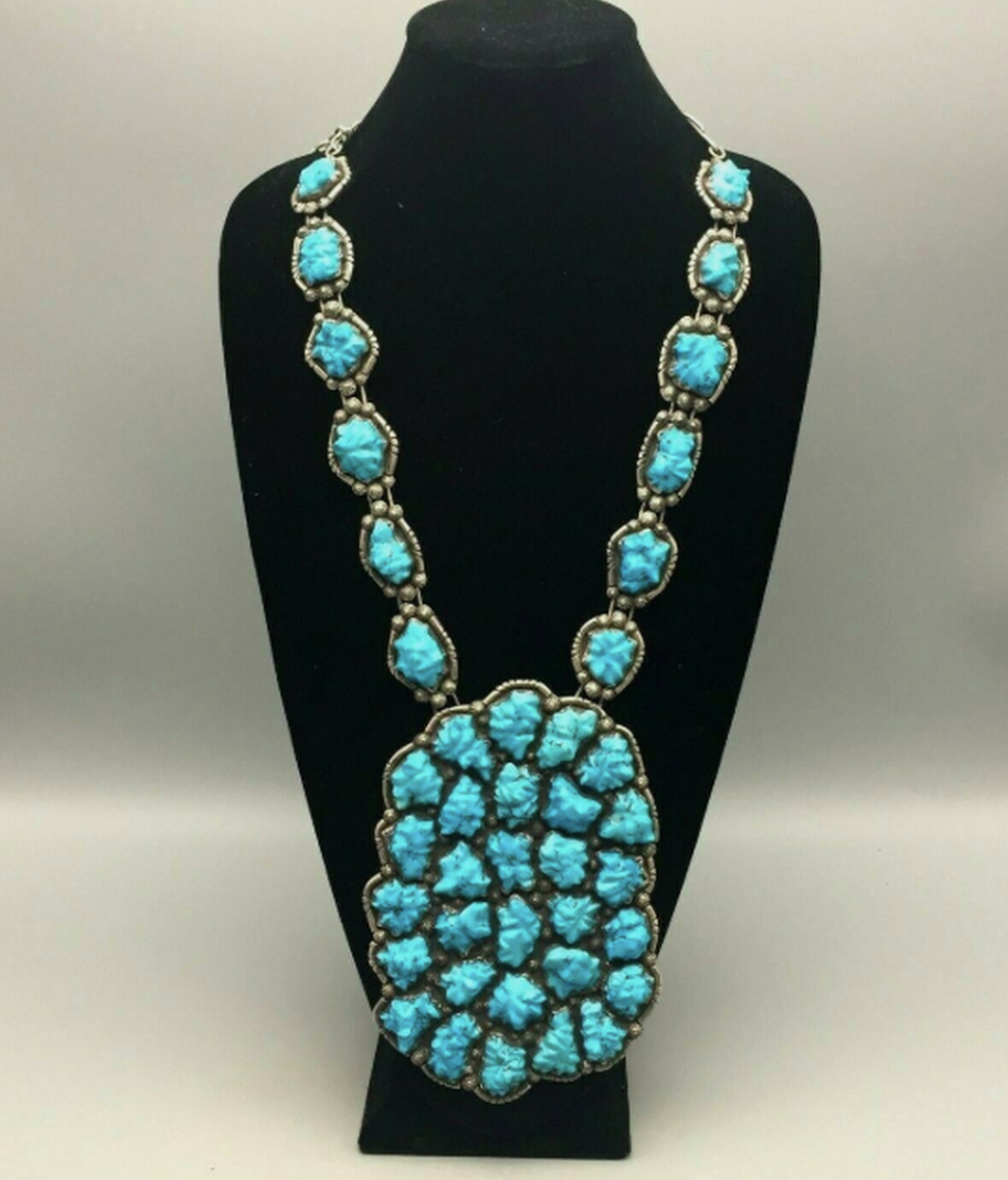 STATEMENT! A Stunning Carved Turquoise Necklace by Robert and Bernice Leekya