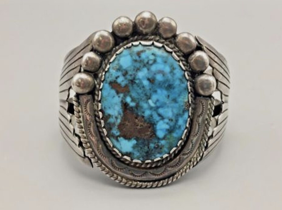 UNIQUE, VINTAGE BISBEE TURQUOISE AND STERLING SILVER CUFF BRACELET