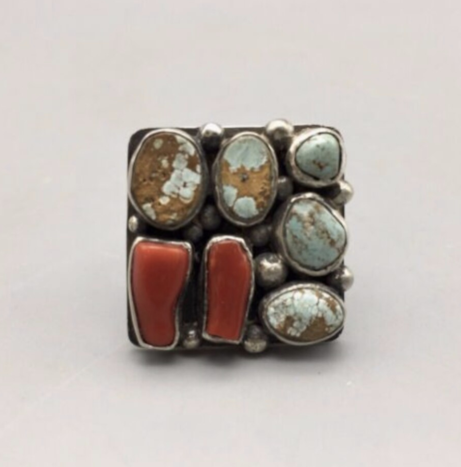 *NEW* Turquoise and Coral SQUARE Ring- Nick Jackson (Navajo)-Size 7.5