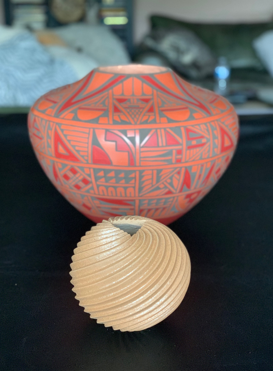 Stone Polished Redware Olla by Joseph Latoma & Micaceous Vortex Seed Pot by Dominique Toya