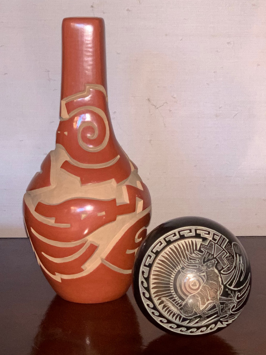 Red Carved Serpent by Clarissa Tafoya & Sgraffito Deer by Dean Haungooah