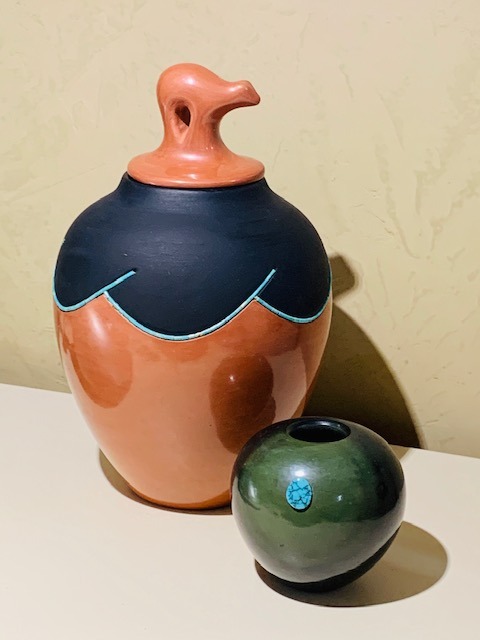 Bear Fetish Jar & Green Seed Pot with Turquoise Cabochon