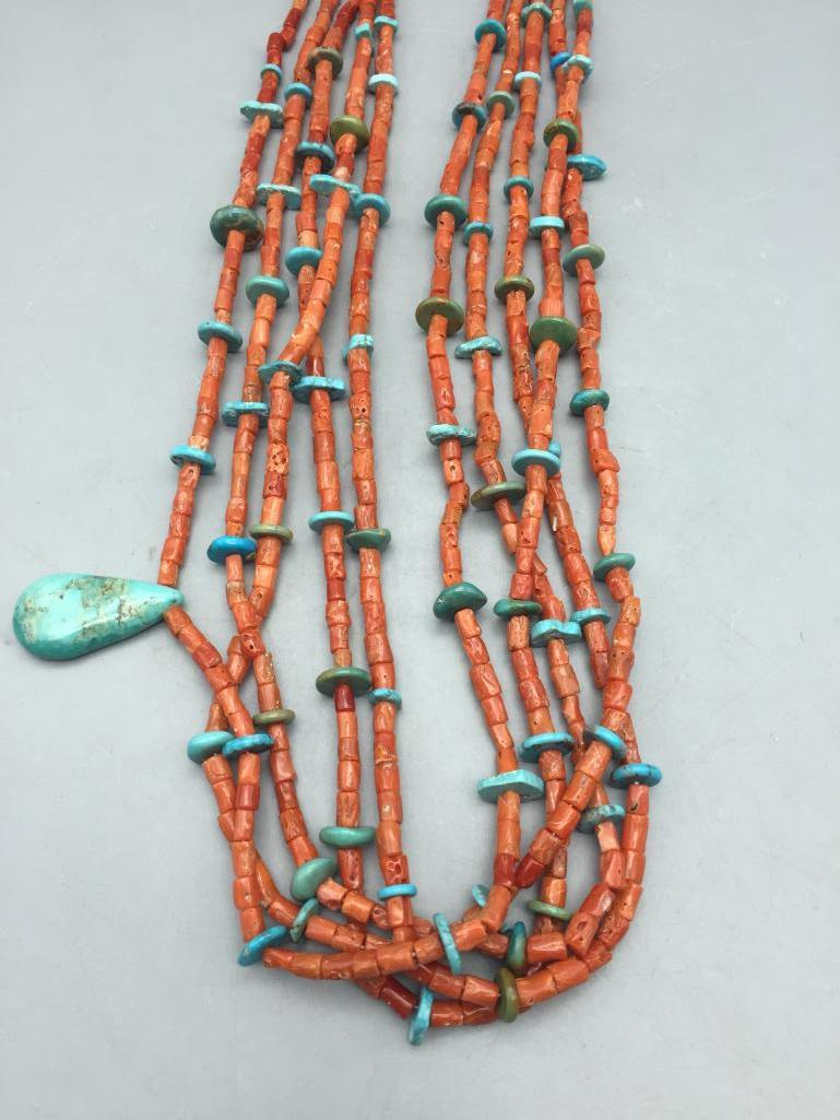 5 Strand Coral Turquoise, and Heishi Necklace - Lot 178 in the November 14th Auction | Western Trading Post