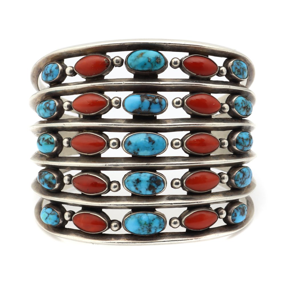 Navajo Turquoise, Coral, and Silver Row Bracelet c. 1960s, size 7