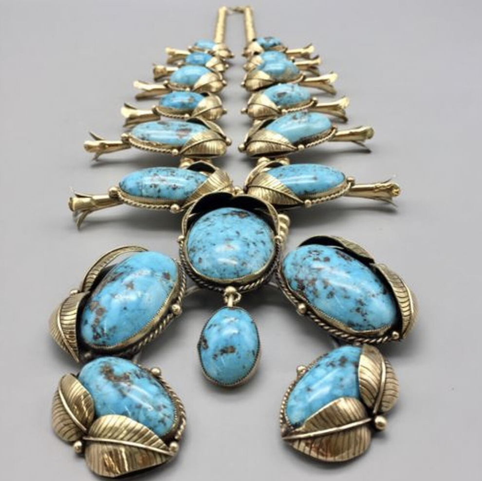 WOW!! 14k Gold Squash Blossom Necklace with Natural Persian Turquoise!!!
