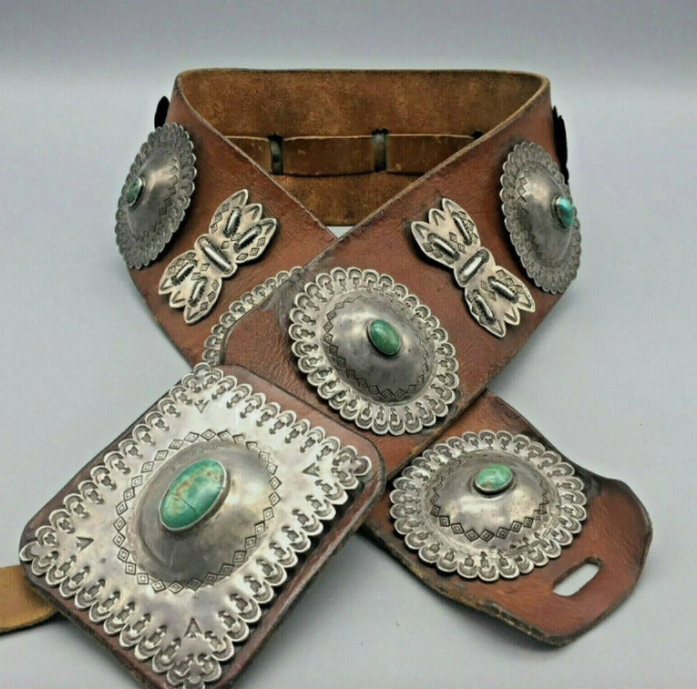 STATEMENT PIECE! A Large Older Concho Belt With Natural Green Turquoise