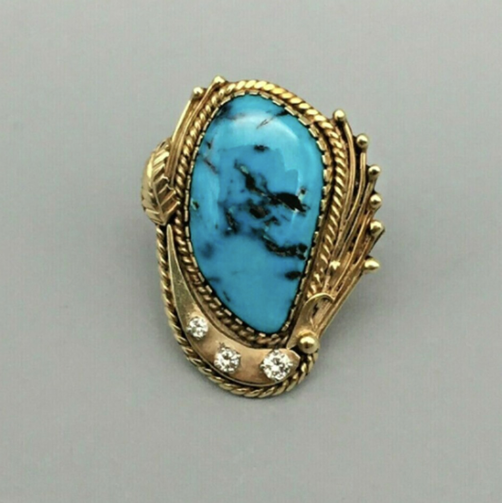 Brilliant 14k Gold, Turquoise, and Diamond Ring by Carlos White Eagle -Size 6.5