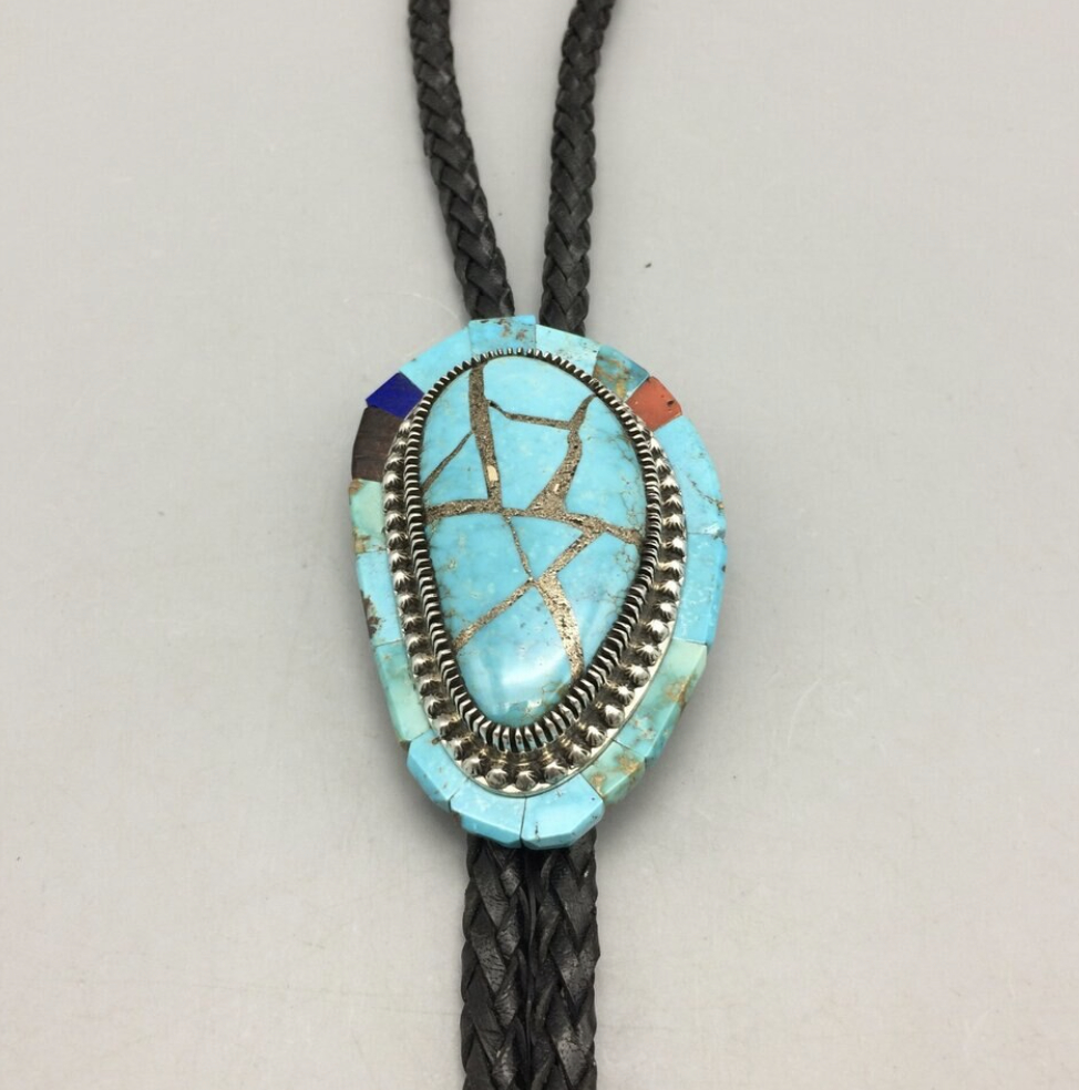 Turquoise, 14K and Sterling Silver Bolo Lyndon Tsosie Renown Navajo Artist
