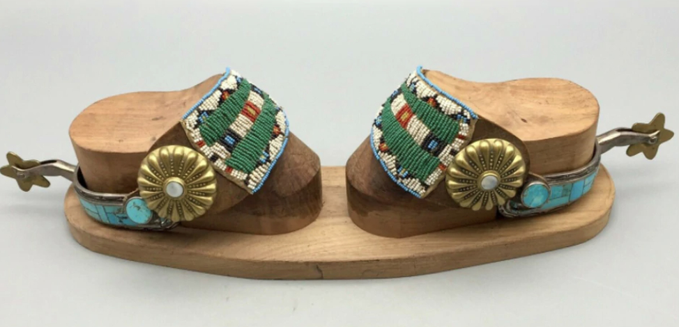 Turquoise and Sterling Silver Inlay Spurs with Beaded Spur Straps