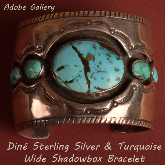 Item #C4386A Diné Sterling Silver and Turquoise Wide Shadowbox Bracelet