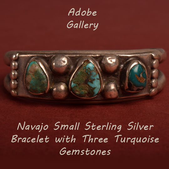 Item # C4103.28 Navajo Small Sterling Silver Bracelet with Three Turquoise Gemstones