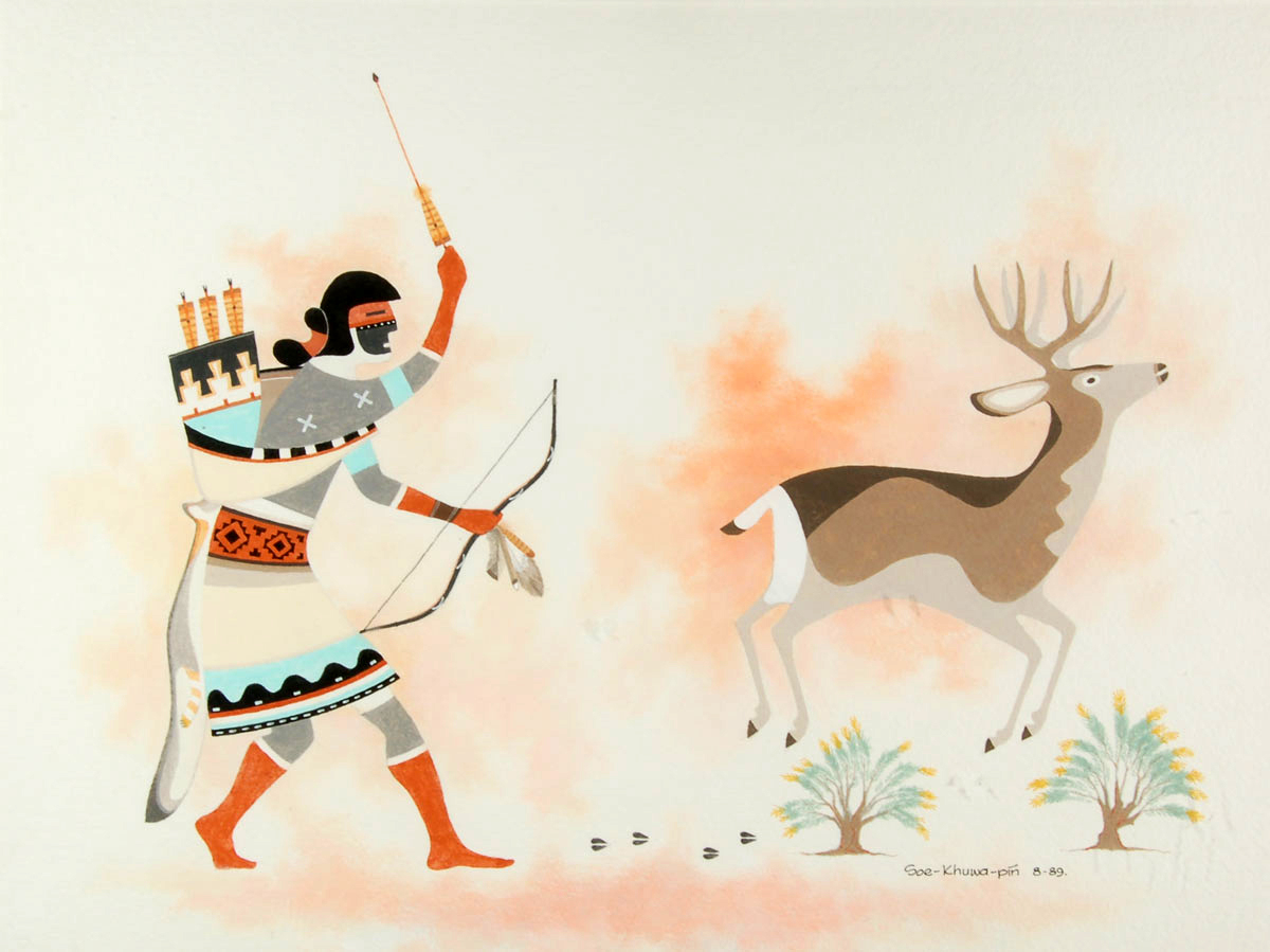Item # C3808E Original San Juan Pueblo Painting of a Deer Hunter and Deer
