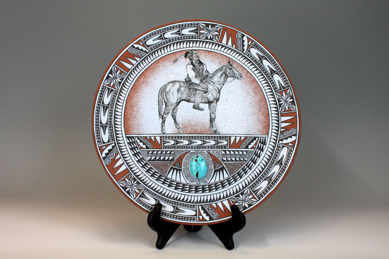 Jemez Pueblo American Indian Pottery Warrior Horse Plate Turquoise