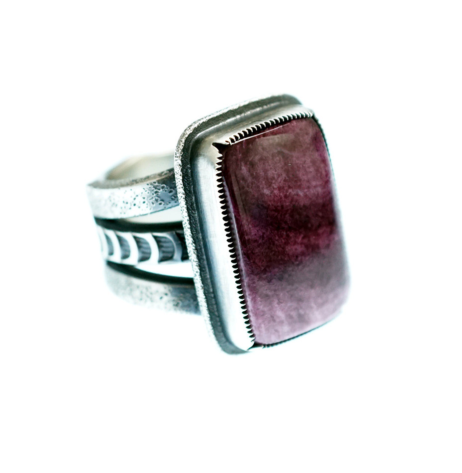 Hand constructed sterling silver ring with purple spiny oyster cabochon