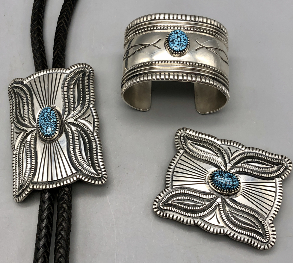 Stylish Three Piece Bolo Tie, Buckle and Bracelet Set with Webbed Turquoise