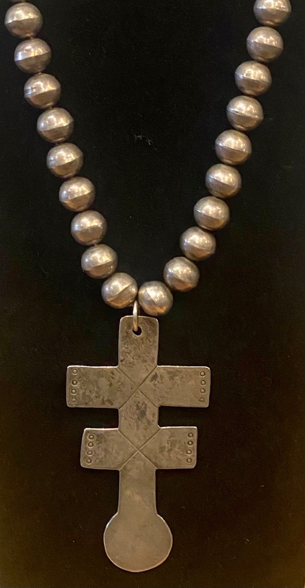 Circa 1890's Isleta Cross on 30 inch silver beaded Necklace