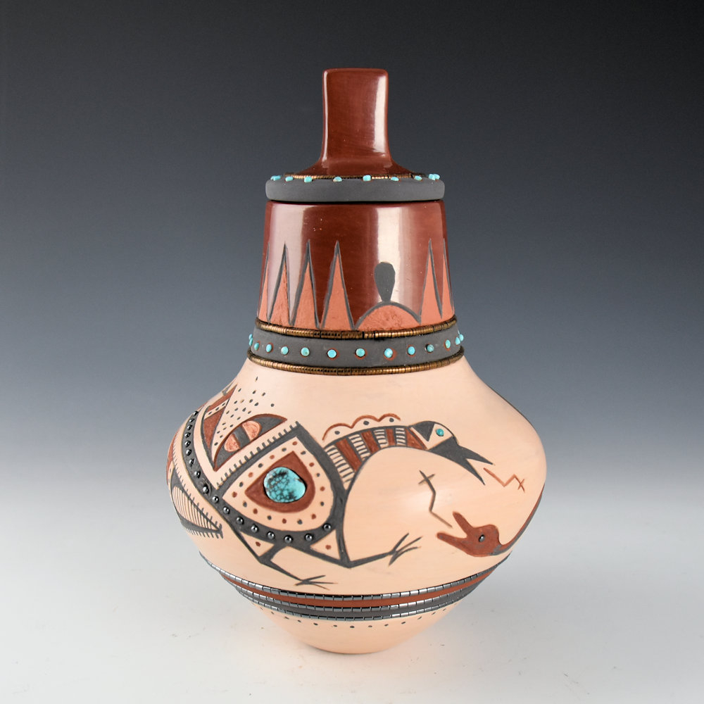 Polychrome Jar with Pueblo Bird, Sun and Lid